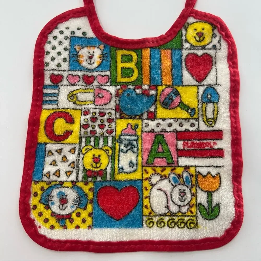 Vintage Baby Bib Red White ABC Animals Terrycloth Plastic
